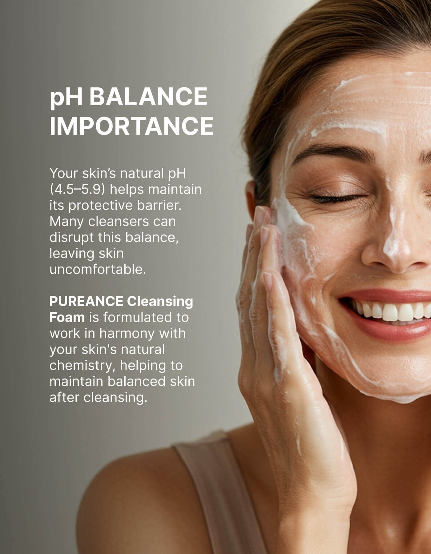 A person applying foam, emphasizing pH balance for healthy skin