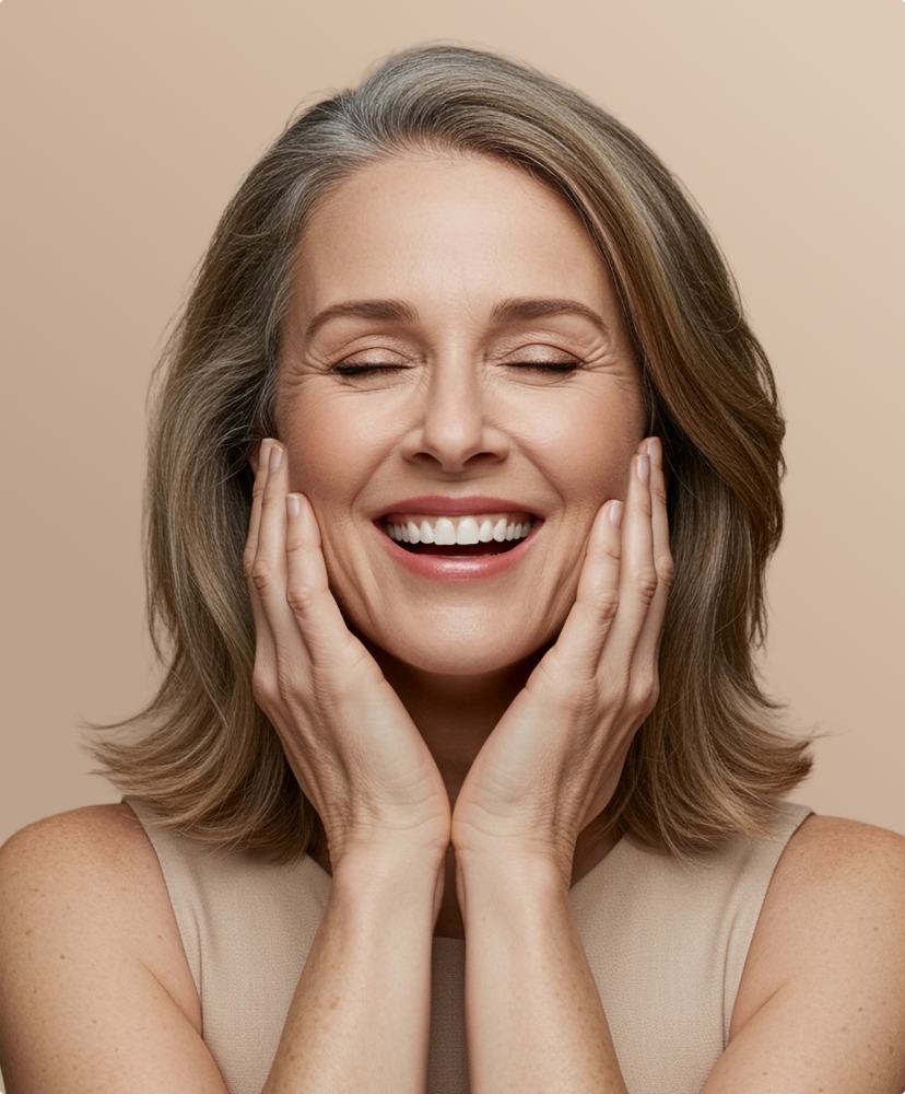 Smiling woman applying moisturizer