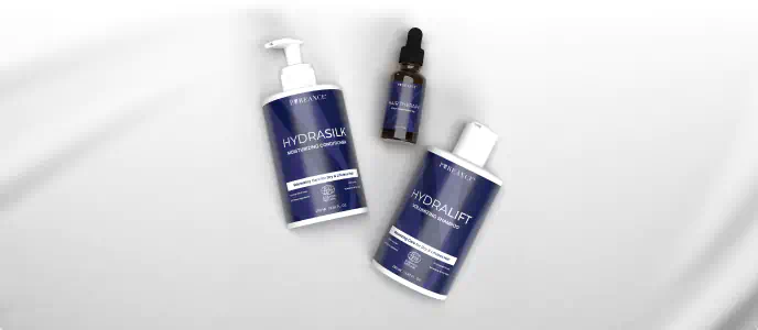 Pureance hair products for dry and dull hair including shampoo, conditioner, and scalp oil