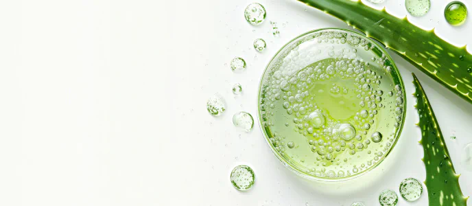 Green aloe vera gel with bubbles in a glass dish