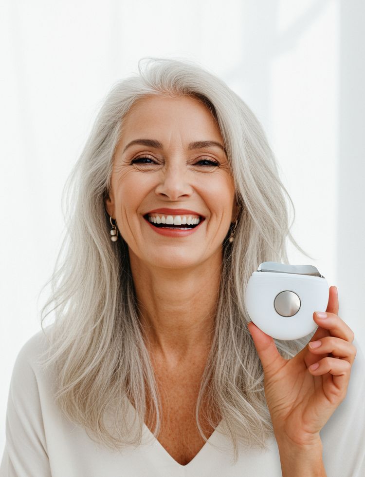 Smiling woman holding a Hot & Cold Beauty Device