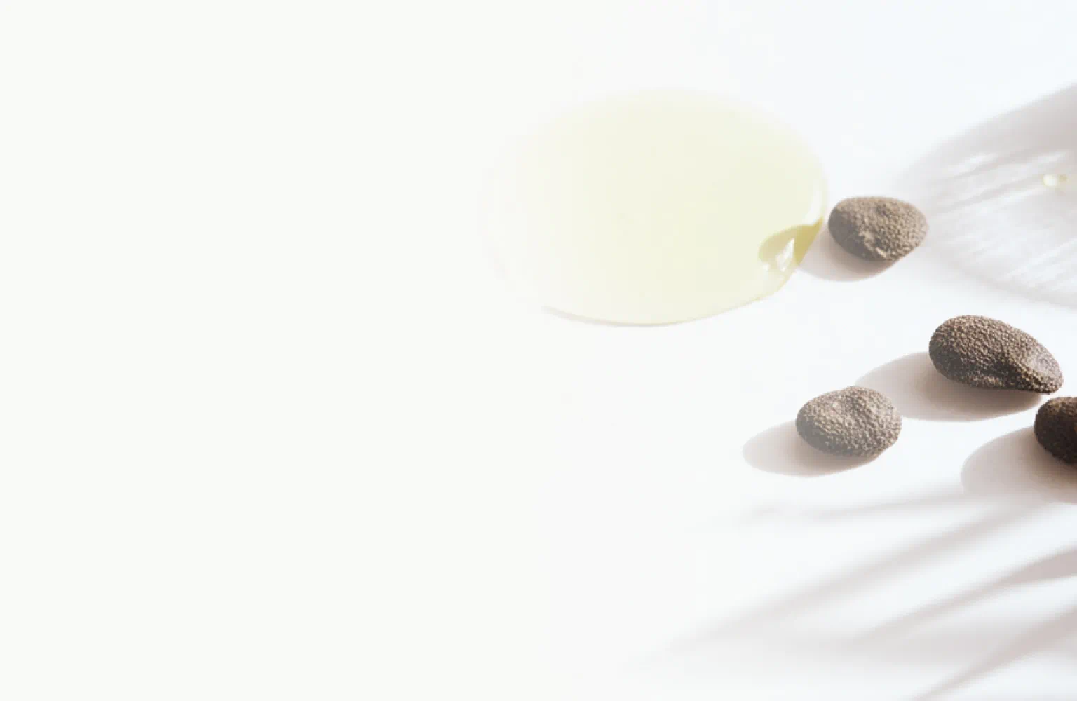 Babchi seeds and light-colored oil on a white surface