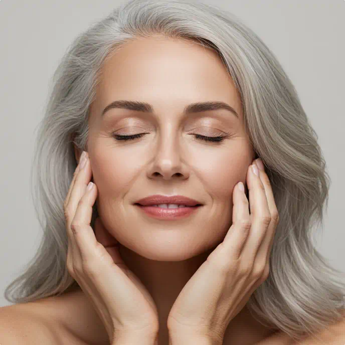 Serene mature woman with silver hair gently touching her face