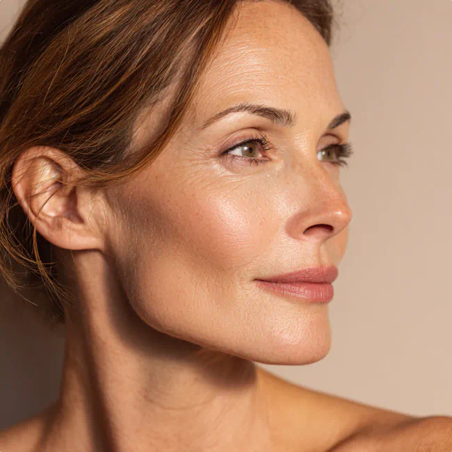 Close-up of a confident woman, looking to the side