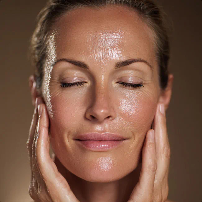 Close-up of woman with glowing skin and closed eyes gently touching her face