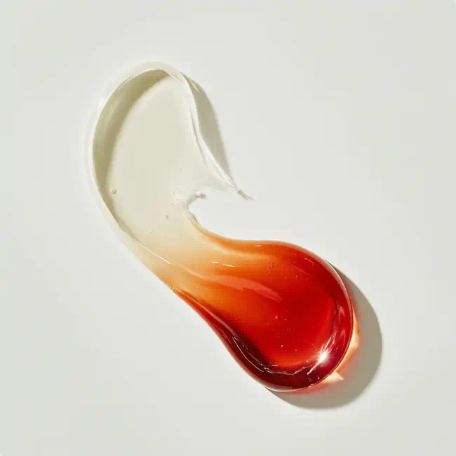 Swatch of cream blending into a rich red serum on a smooth surface