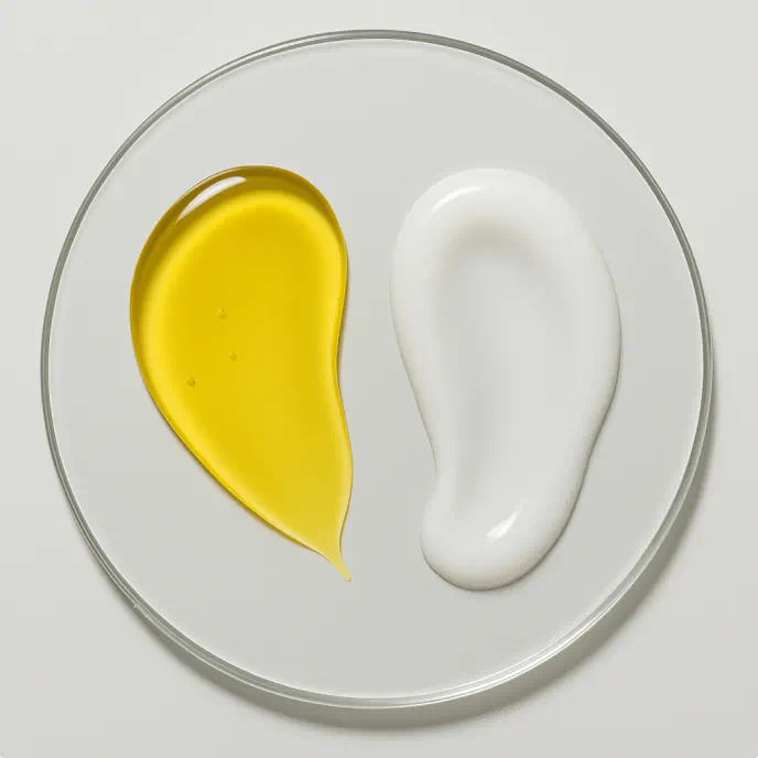 Two skincare textures on a white surface: a smooth, golden oil and a creamy white lotion