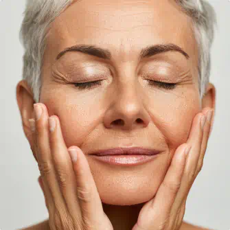 Close-up of a mature woman with short gray hair gently touching her face