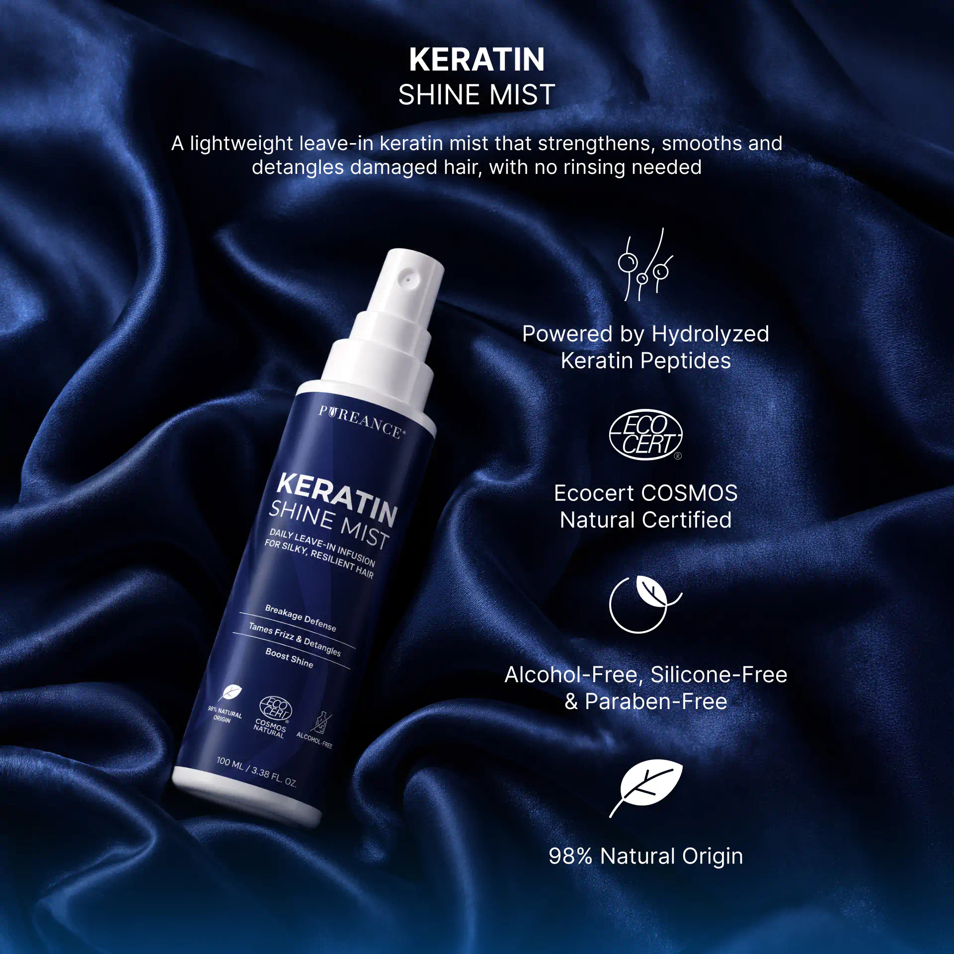 Pureance Keratin Shine Mist with hydrolyzed keratin peptides and certifications
