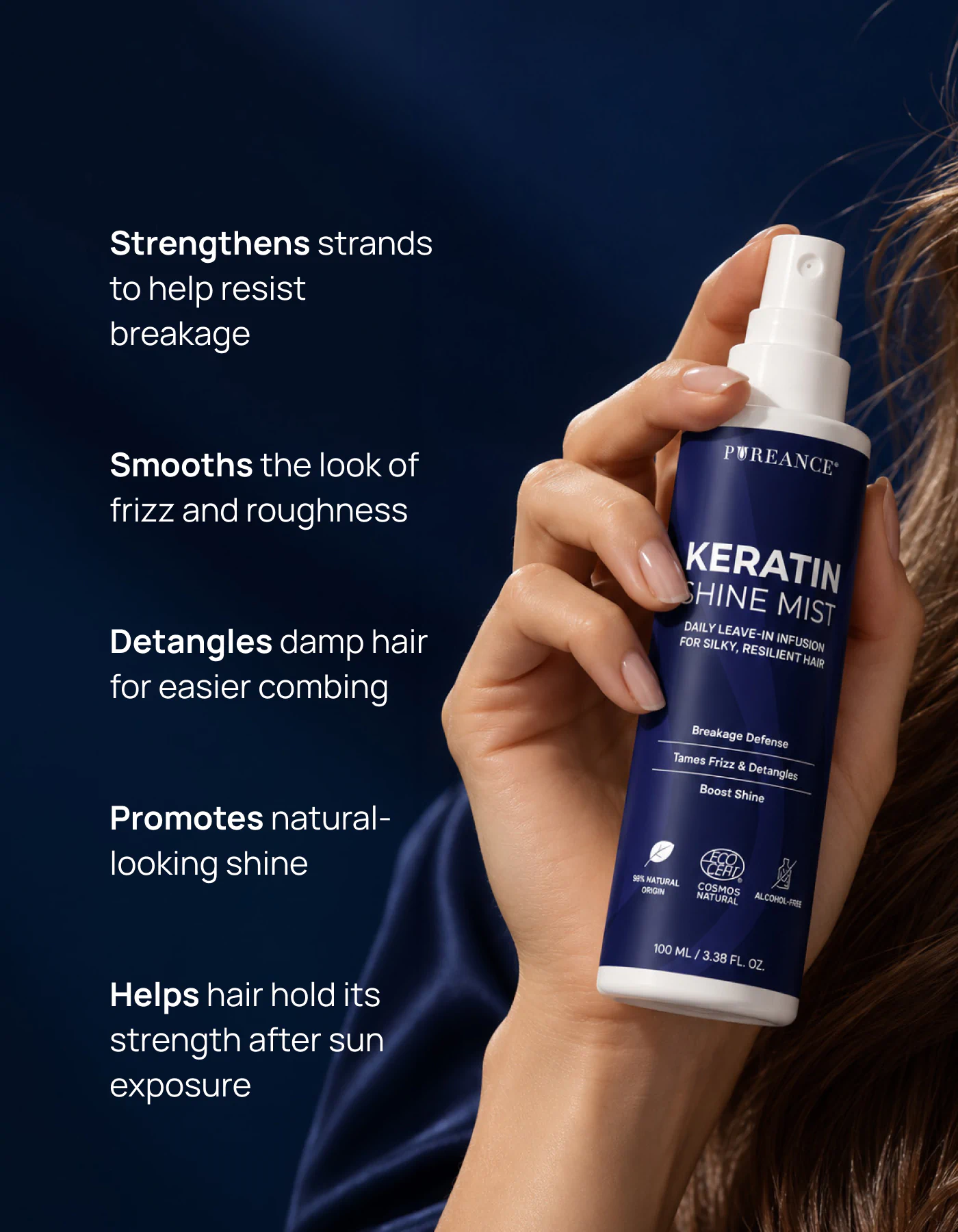 Hand holding Pureance keratin leave in conditioner with main benefits listed