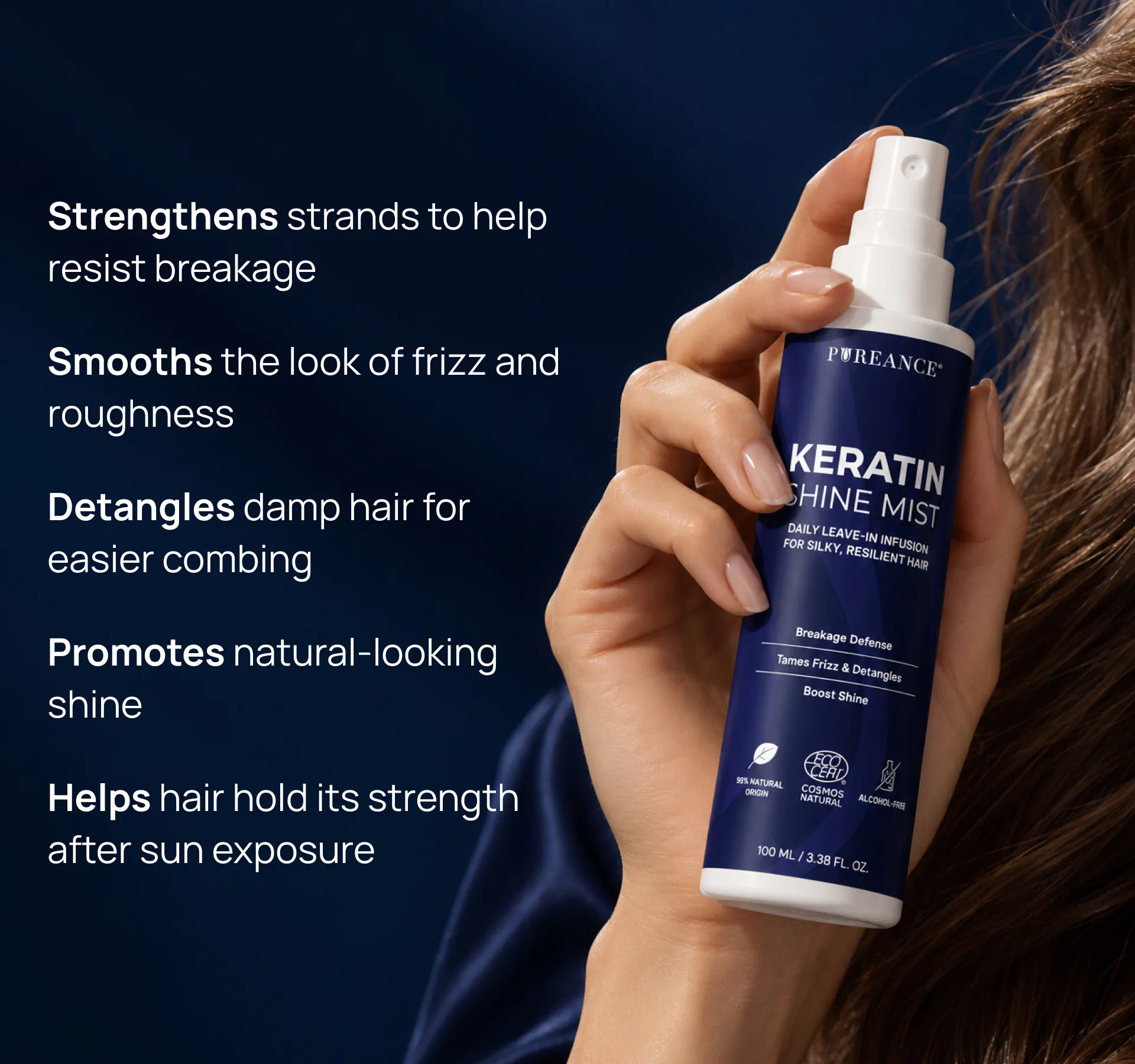 Hand holding Pureance keratin leave in conditioner with main benefits listed