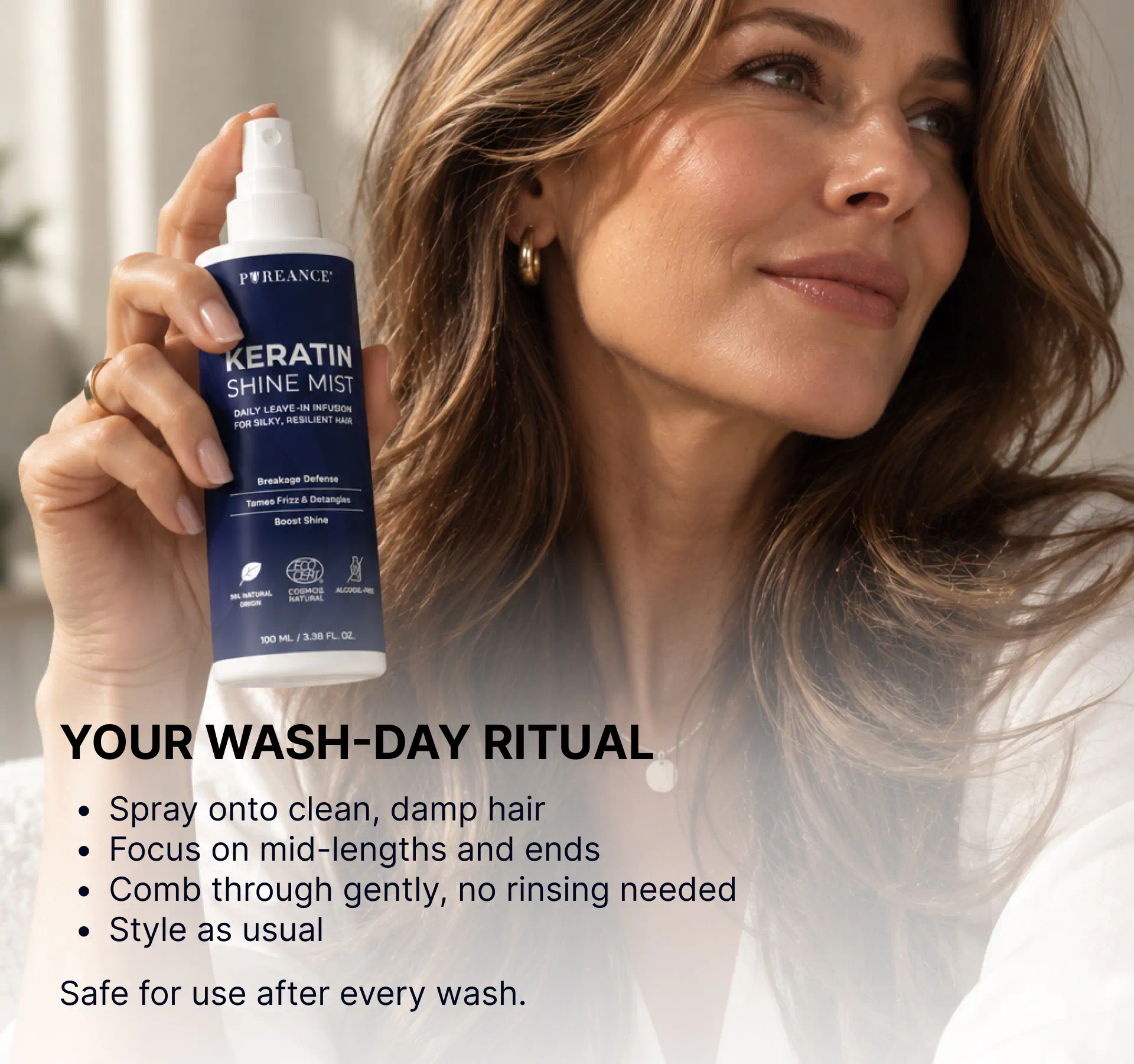 Woman holding Pureance keratin hair spray in wash-day ritual
