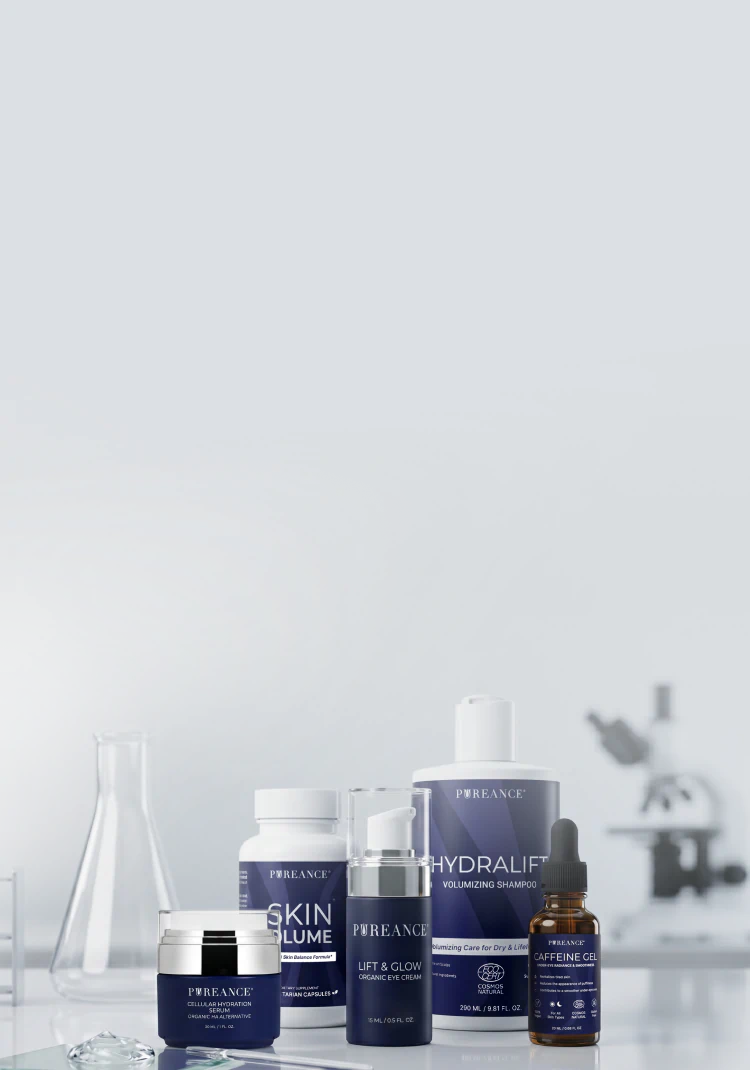 Pureance product lineup including skincare, supplements, and haircare displayed on a lab-style surface.