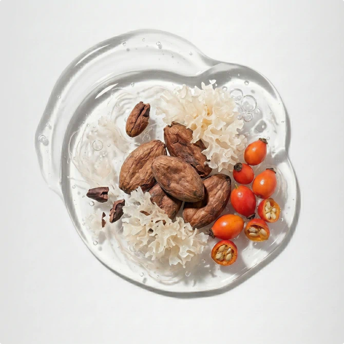Botanical ingredients including cacao, tremella mushroom, and rosehip