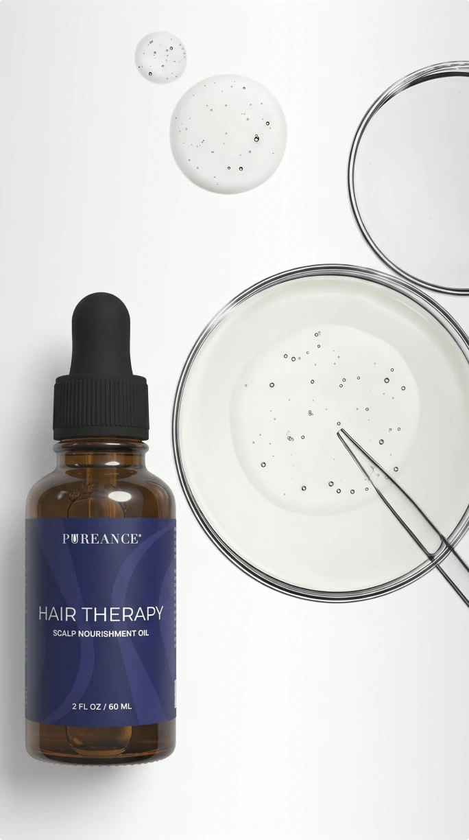 Pureance Hair Therapy Scalp Nourishment Oil beside lab equipment on a clean white surface