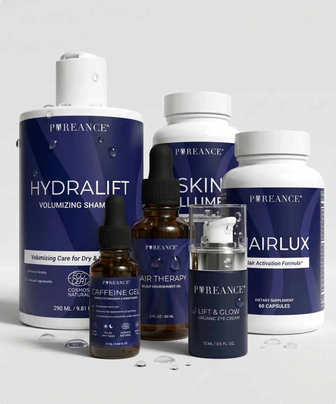 Pureance full product range including haircare, skincare, and supplements