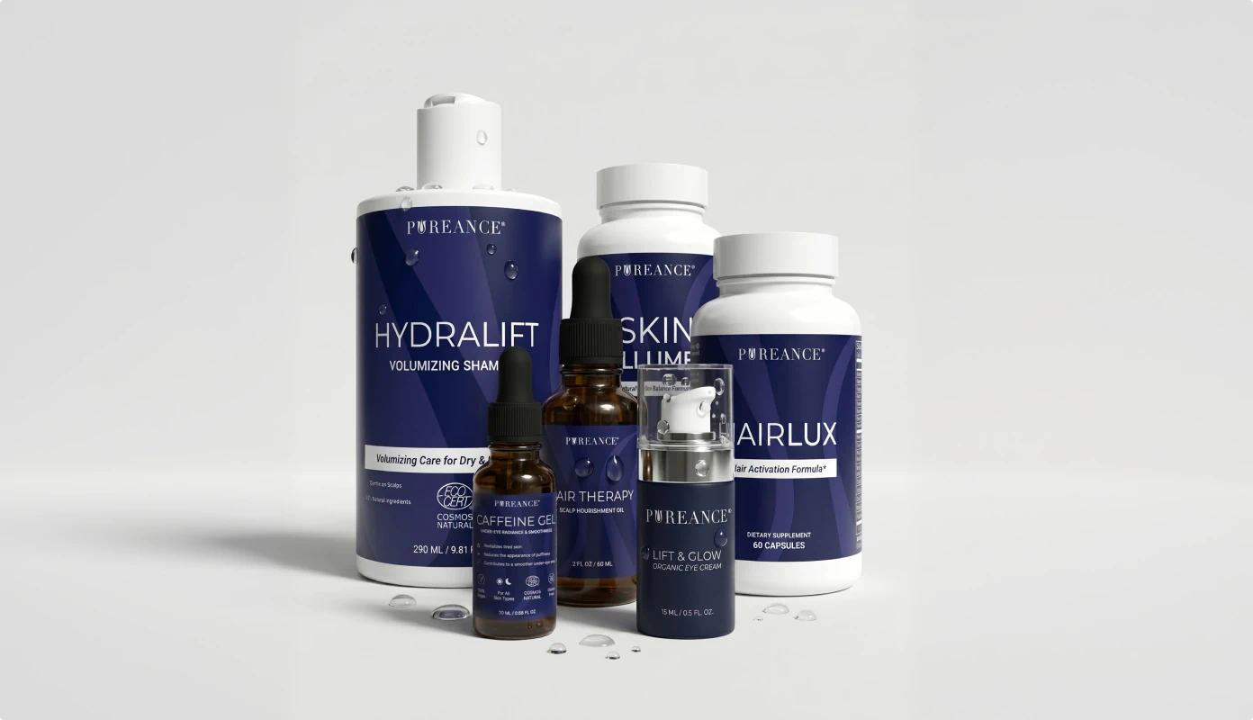 Pureance full product range including haircare, skincare, and supplements