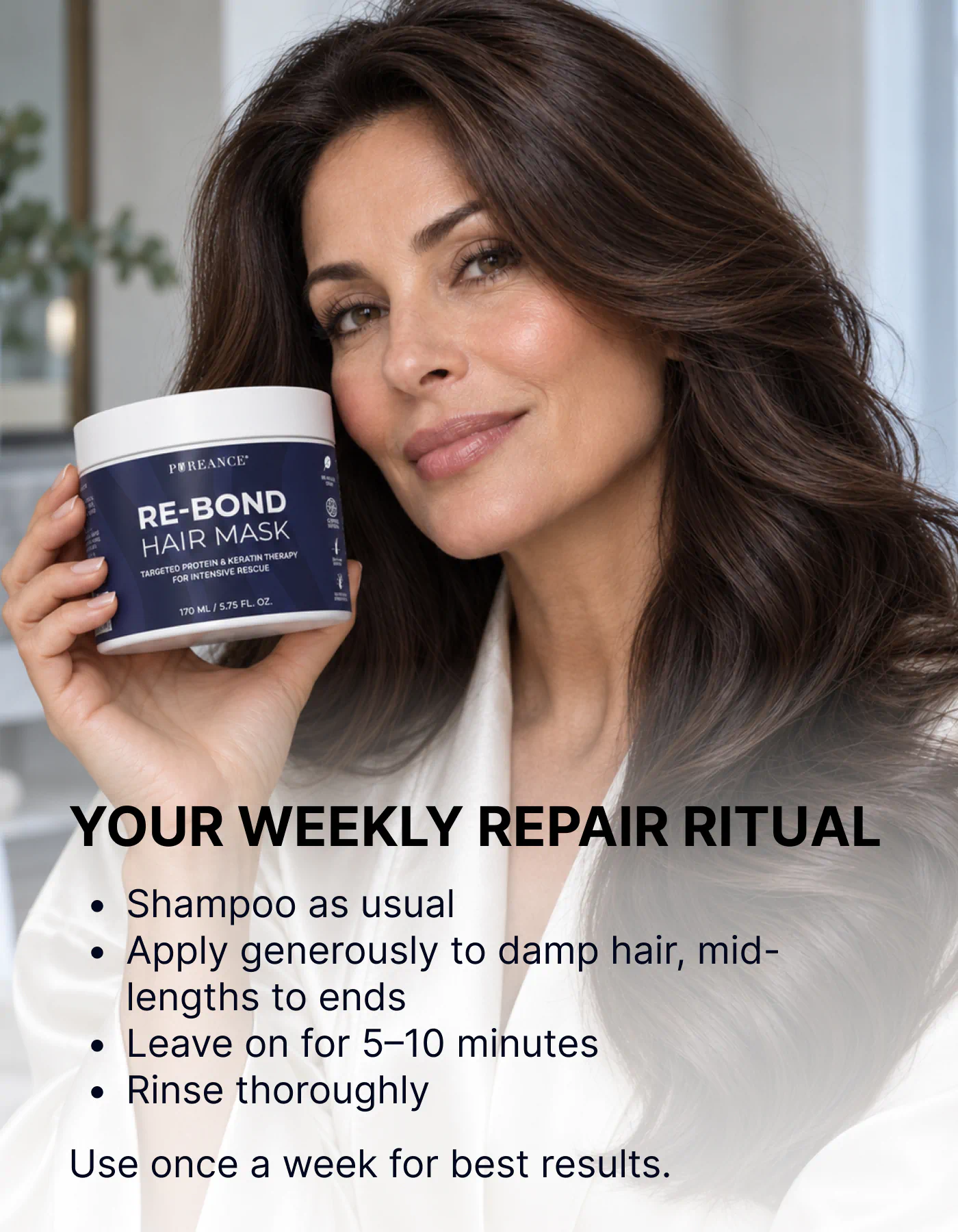 Woman holding Pureance hair mask for keratin in weekly repair ritual