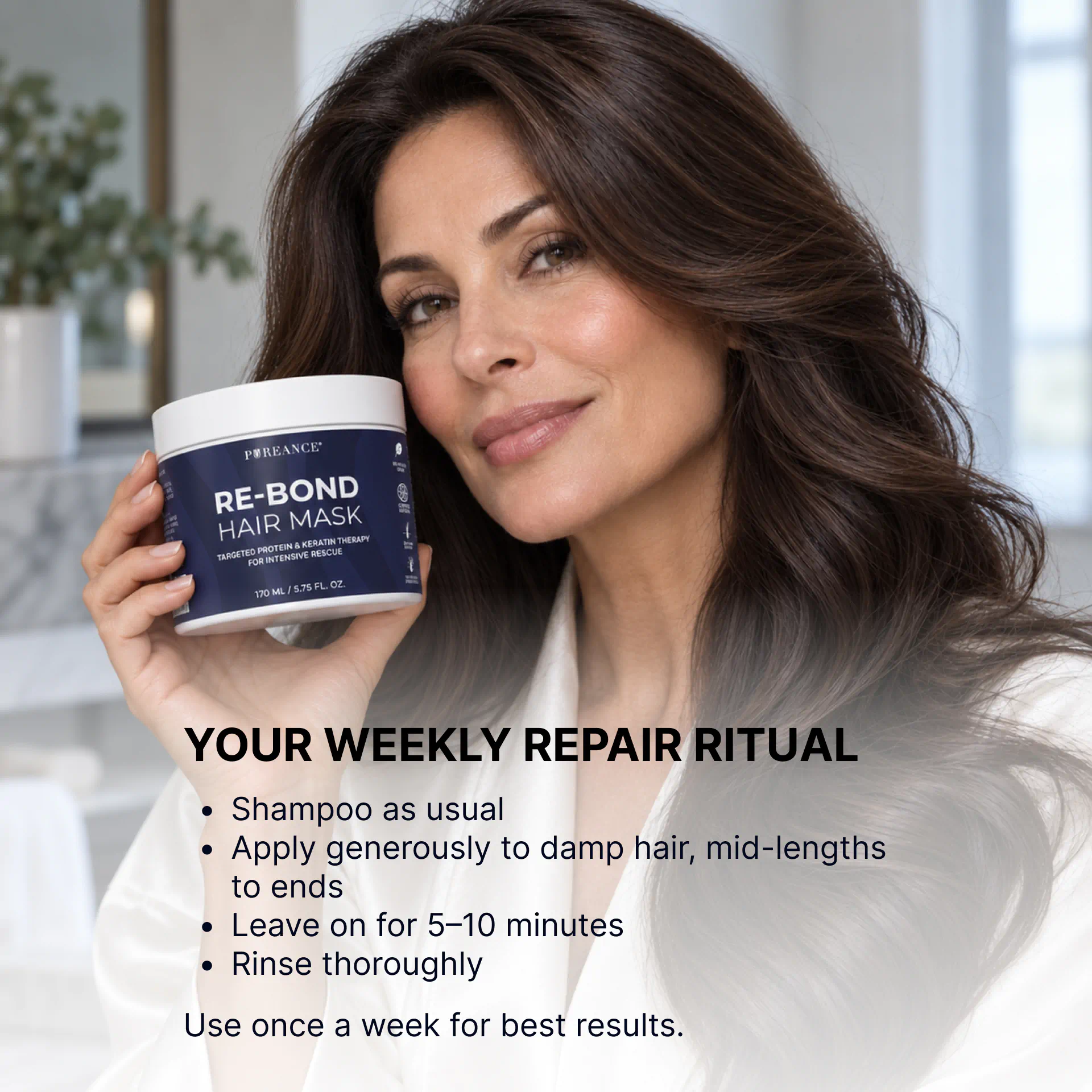 Woman holding Pureance hair mask for keratin in weekly repair ritual