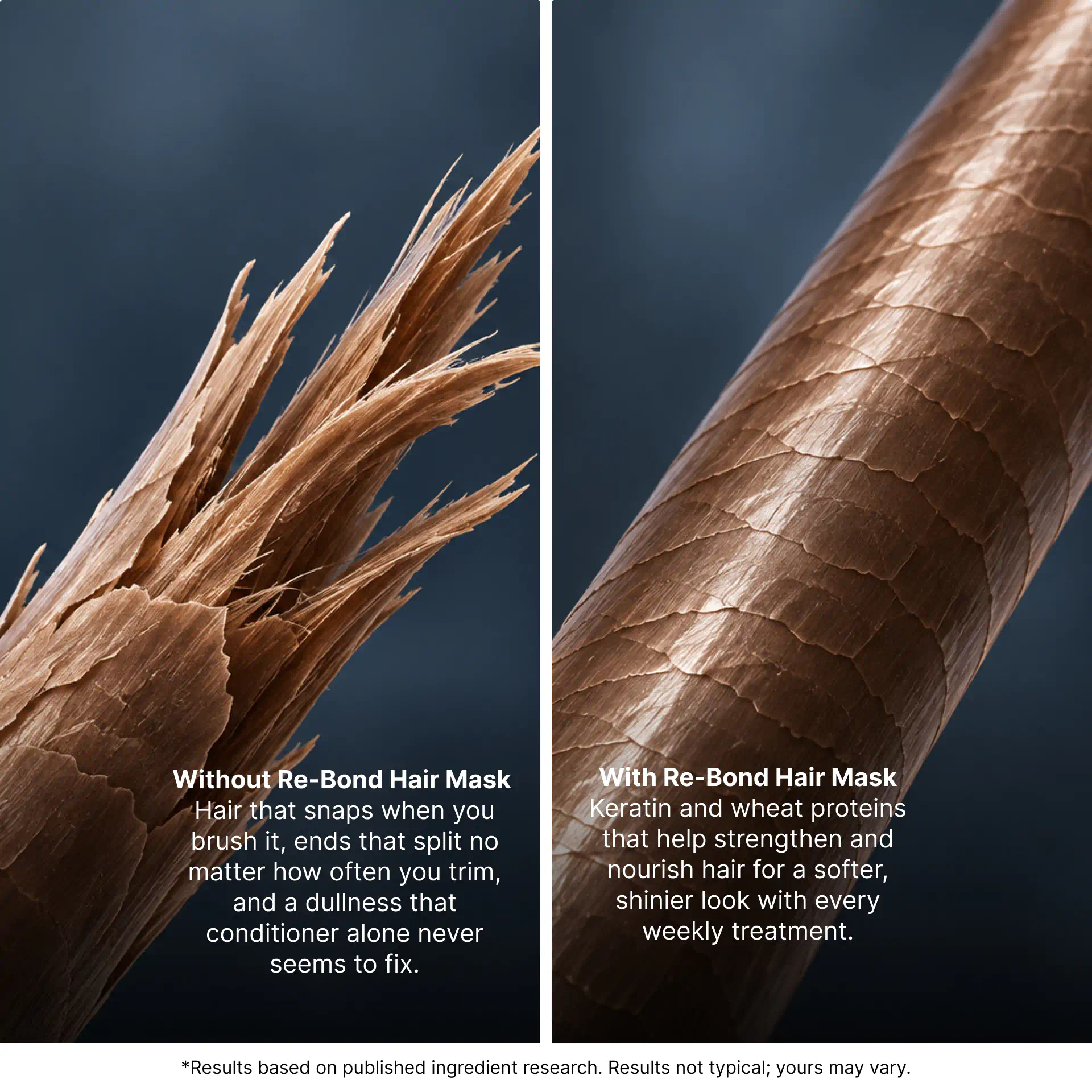 Close-up of split ends before and after Re-Bond Hair Mask